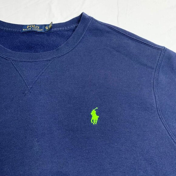 Polo Ralph Lauren Mens Navy Blue Fleece Crew neck Sweatshirt XL Neon Green Logo - Picture 3 of 9